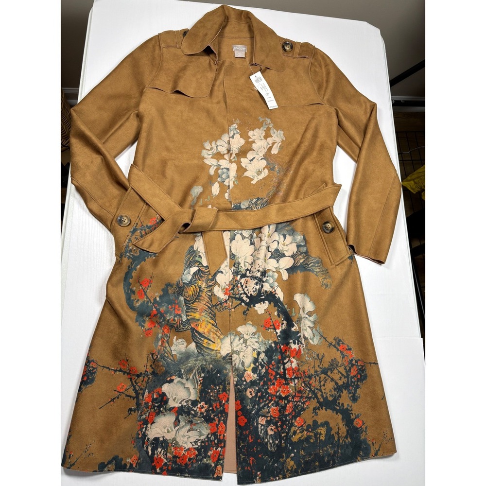 Chico's Scuba Suede Trench Coat Floral Tiger Print Brown Size 00 XS New Artsy - Picture 6 of 16